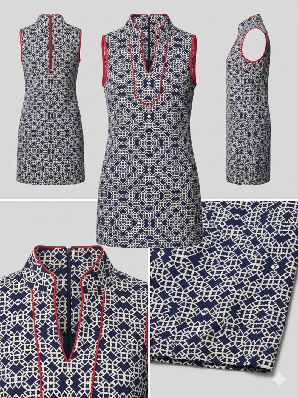 Jessica Navy Tile-Print Sleeveless Dress with Pink Trim - Picture 4 of 11
